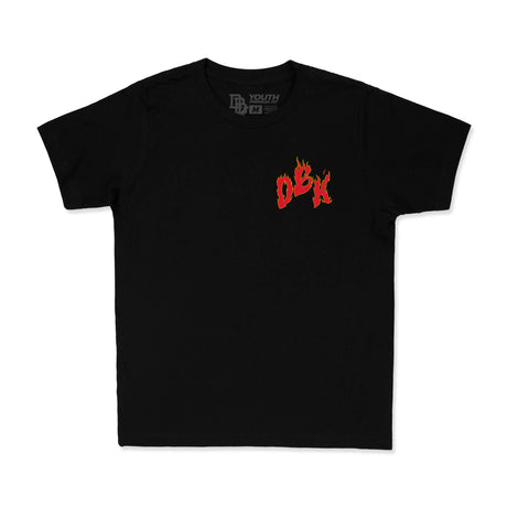Youth premium tee, black with small red/yellow dBk flame logo on chest
