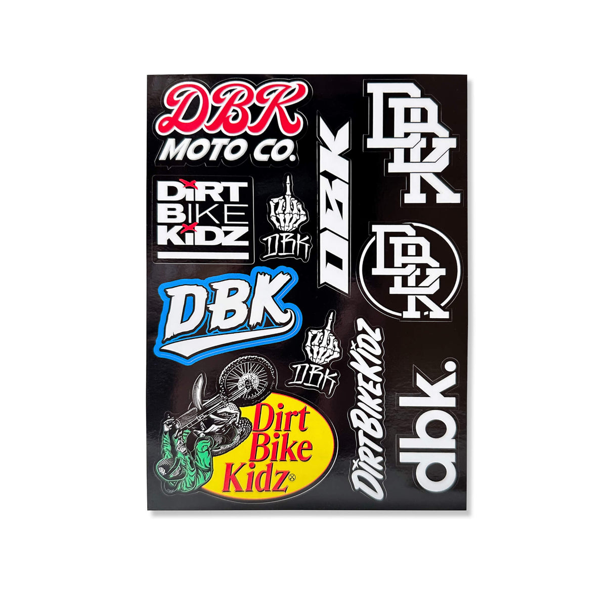 DBK Moto Co sticker pack with Dirt Bike Kidz and DBK logo graphics on black card