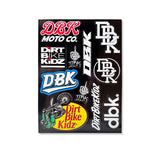 DBK Moto Co sticker pack with Dirt Bike Kidz and DBK logo graphics on black card