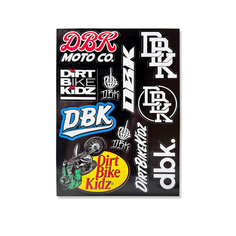 DBK Moto Co sticker pack with Dirt Bike Kidz and DBK logo graphics on black card