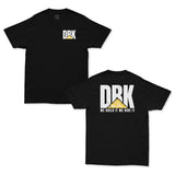 Black crewneck T-shirt with small DRK logo and mountain graphic at chest