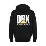 Schwarzer Hoodie, Rückansicht: DRK-Grafik mit Slogan unter der großen Schrift