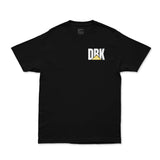 Black crewneck T-shirt back view with DRK mountain logo and slogan across upper back