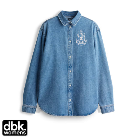 Burnout oversized denim shirt in light blue with button front and flame dbk logo