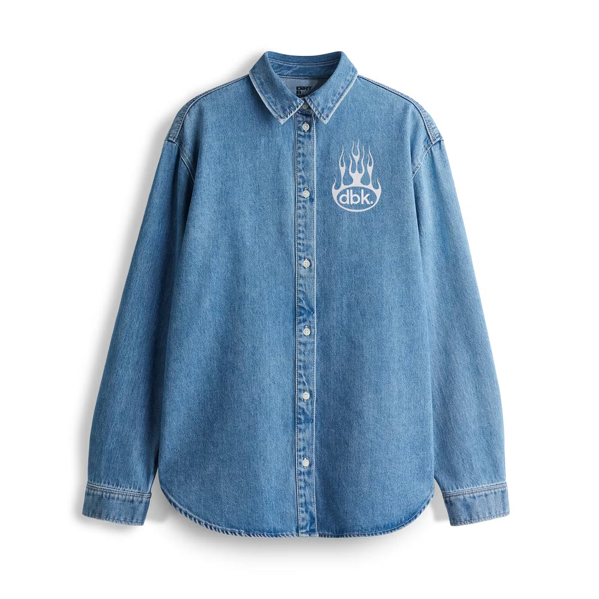 Oversized blue denim shirt with button front and dbk flame logo at chest.