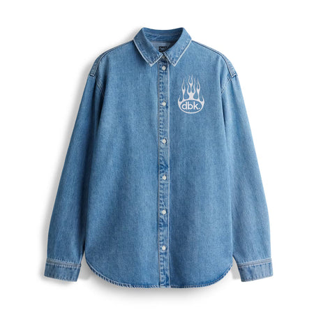 Oversized blue denim shirt with button front and dbk flame logo at chest.
