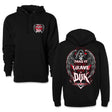 Black hoodie with front pocket, drawstring hood, and small chest graphic