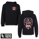 Black youth hoodie with front and back graphic print; hood and kangaroo pocket.
