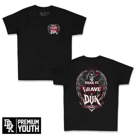 Youth premium black tee with small chest Take It Grave DBK logo graphic