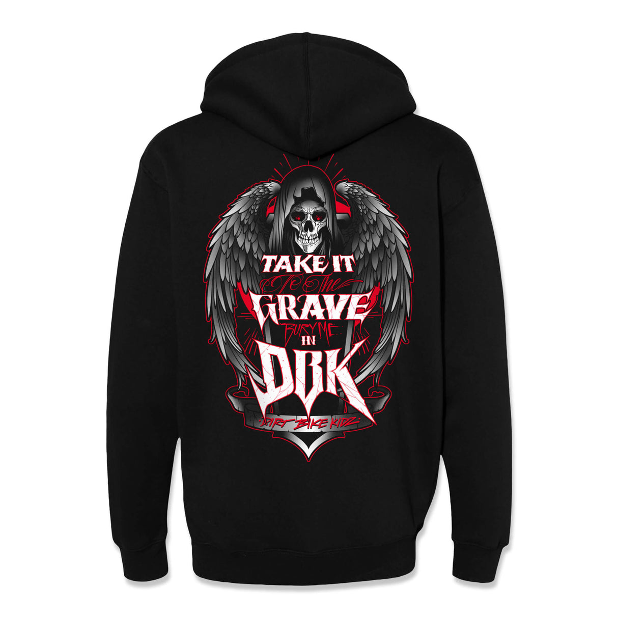 Black hoodie, back view, large winged skull graphic with red outline