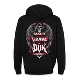 Black hoodie, back view, large winged skull graphic with red outline