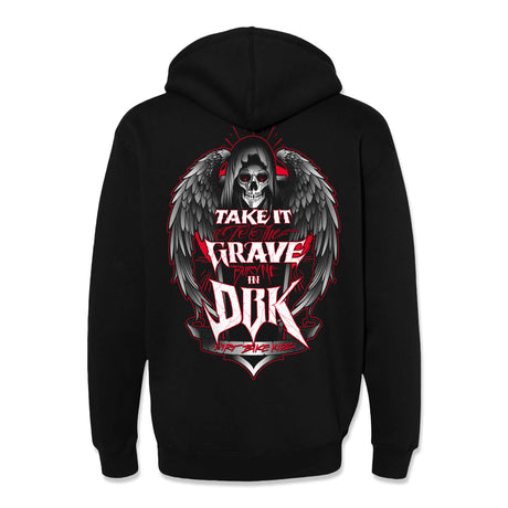 Black hoodie, back view, large winged skull graphic with red outline