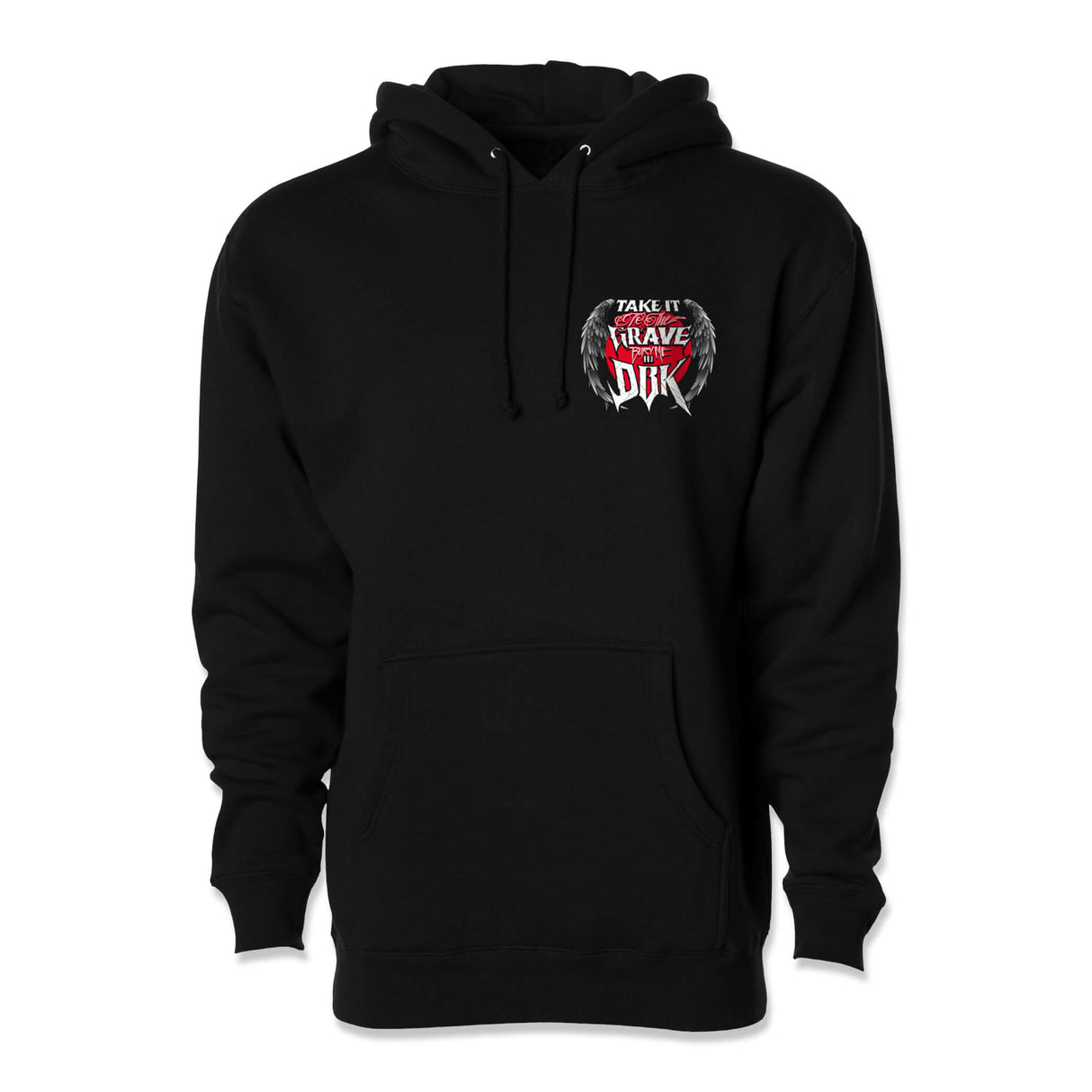 Black hoodie, front view, drawstring hood and small chest emblem