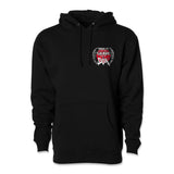 Black hoodie, front view, drawstring hood and small chest emblem