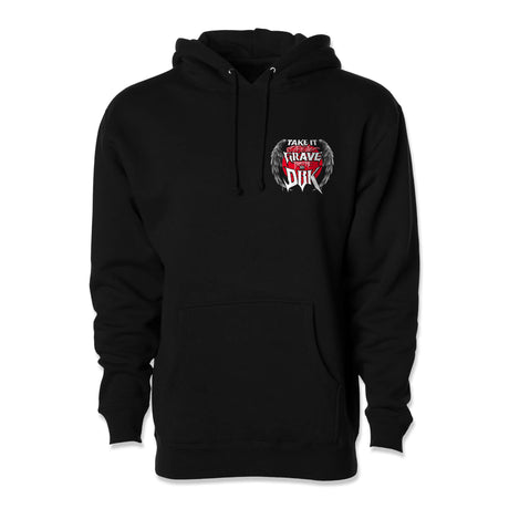 Black hoodie, front view, drawstring hood and small chest emblem