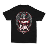 Black graphic T-shirt with large back skull-and-wings emblem and bold red/white lettering