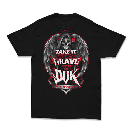 Black graphic T-shirt with large back skull-and-wings emblem and bold red/white lettering