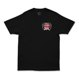 Black graphic T-shirt with small center chest logo featuring skull and wing graphics
