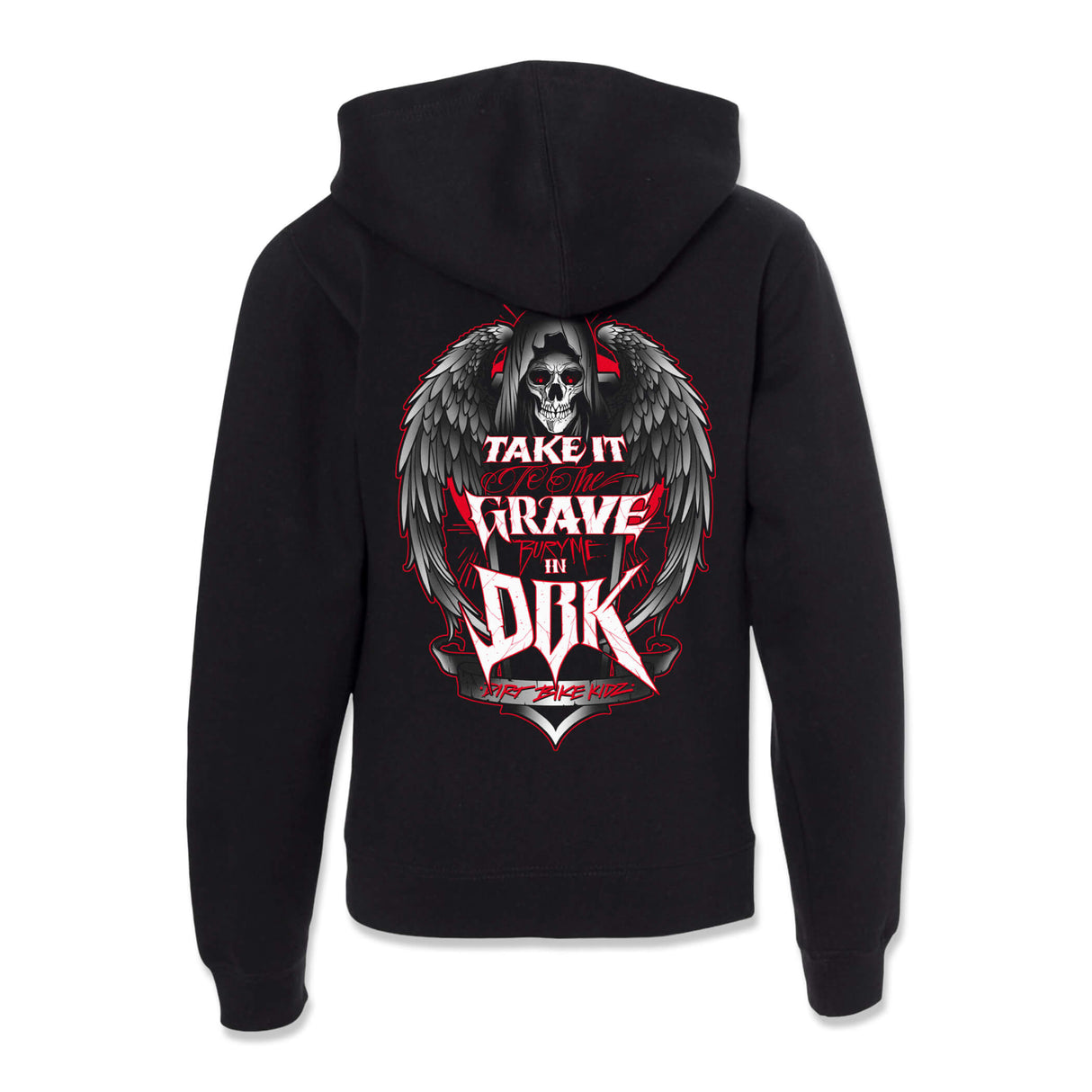 Black youth hoodie with large back graphic of a skull with gray wings and red accents.