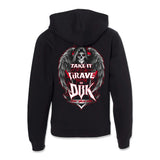 Black youth hoodie with large back graphic of a skull with gray wings and red accents.