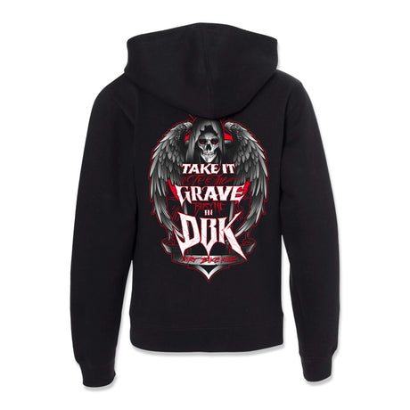 Black youth hoodie with large back graphic of a skull with gray wings and red accents.