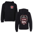 Black youth hoodie front and back shown together; hood and front pocket.