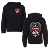 Black youth hoodie front and back shown together; hood and front pocket.