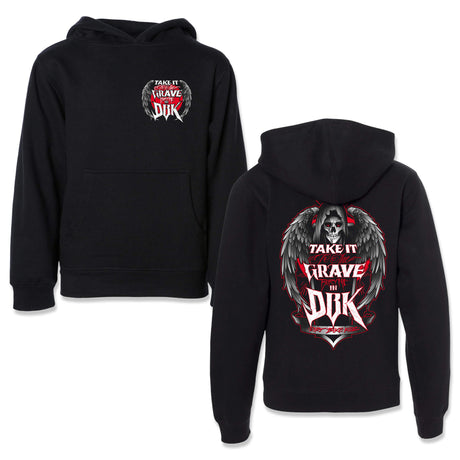 Black youth hoodie front and back shown together; hood and front pocket.