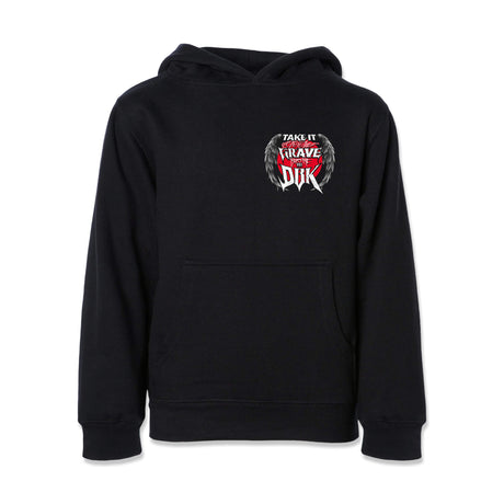 Black youth hoodie with small chest emblem and kangaroo pocket.