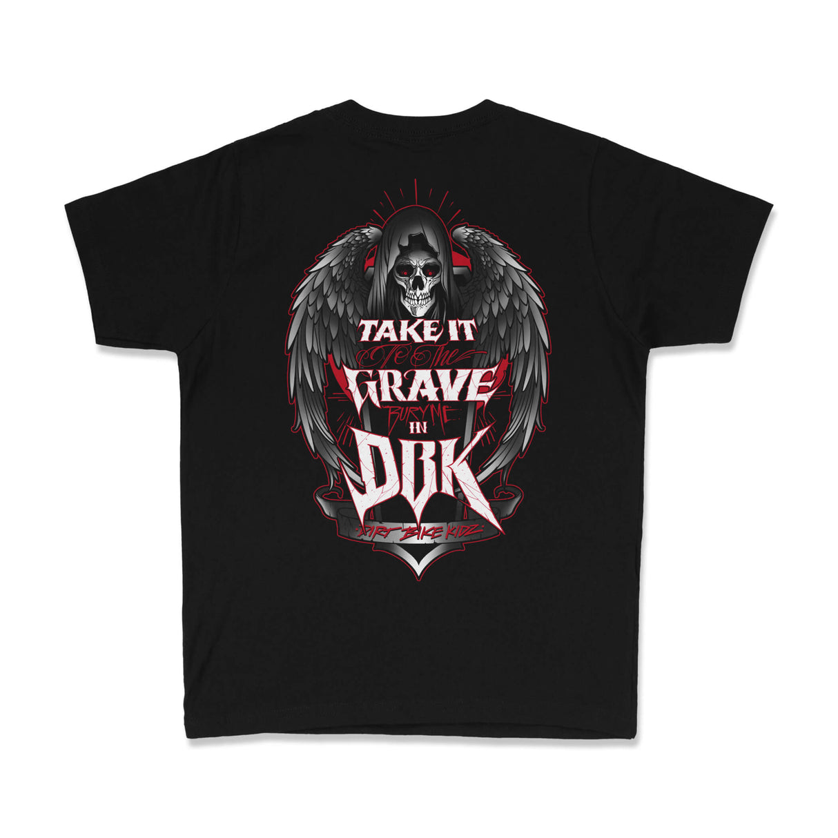 Youth premium black tee with large back Take It Grave Furyne in DBK winged skull graphic