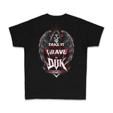 Youth premium black tee with large back Take It Grave Furyne in DBK winged skull graphic