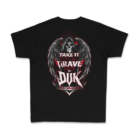 Youth premium black tee with large back Take It Grave Furyne in DBK winged skull graphic