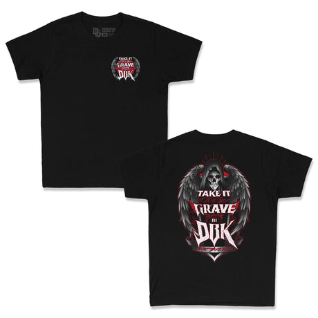 Youth premium black tee set showing small chest and large back Take It Grave DBK graphics