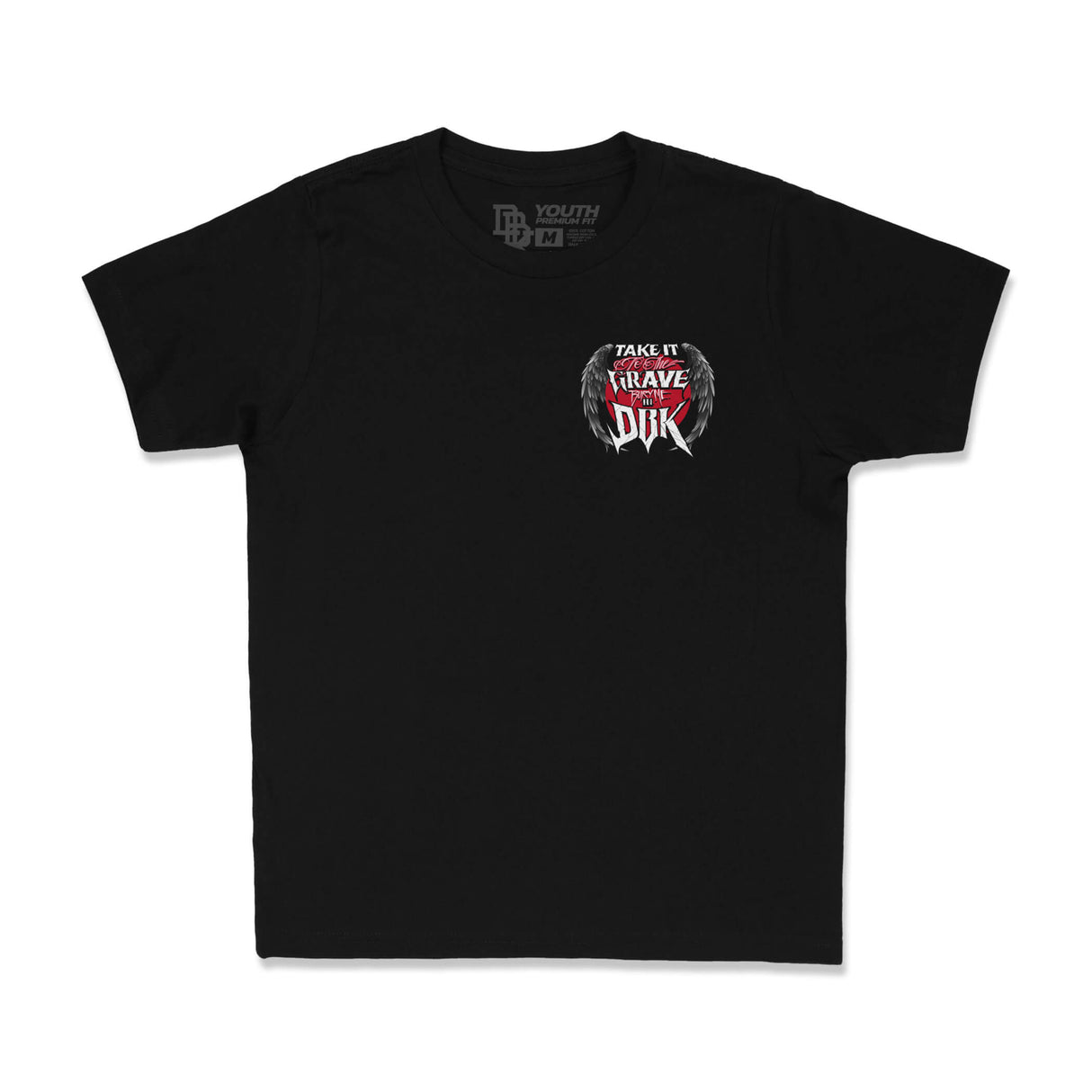 Youth premium black tee with small chest Take It Grave DBK logo