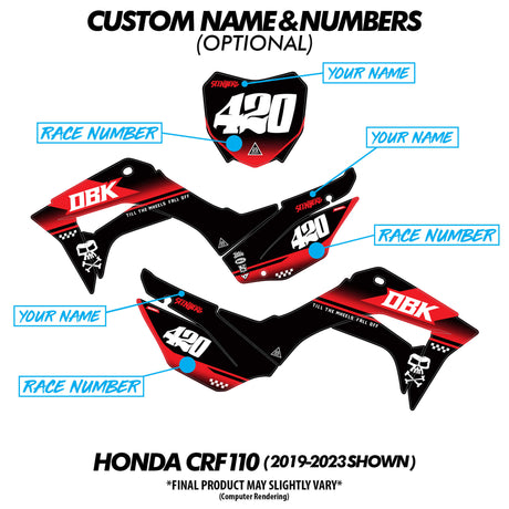 Custom name & race number placement on graphic kit, with rider number decal areas