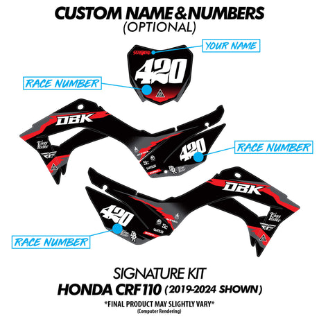 Signature kit graphics with custom name and race numbers placement