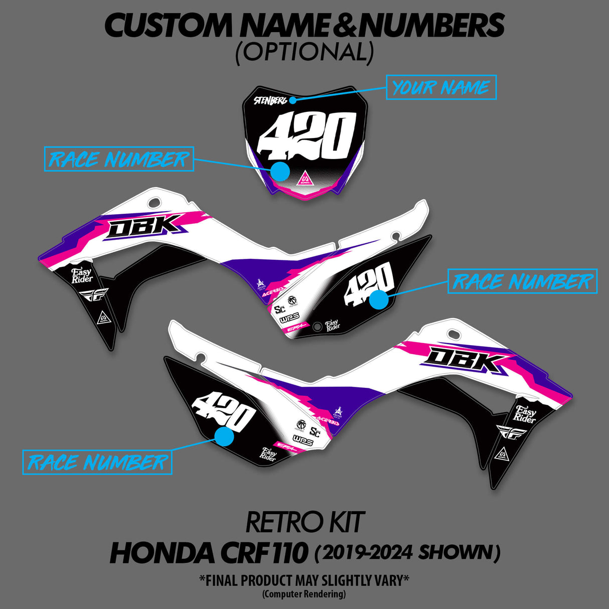 Retro pit bike decal kit showing 400 number panels and custom name placeholders