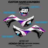 Retro pit bike decal kit showing 400 number panels and custom name placeholders