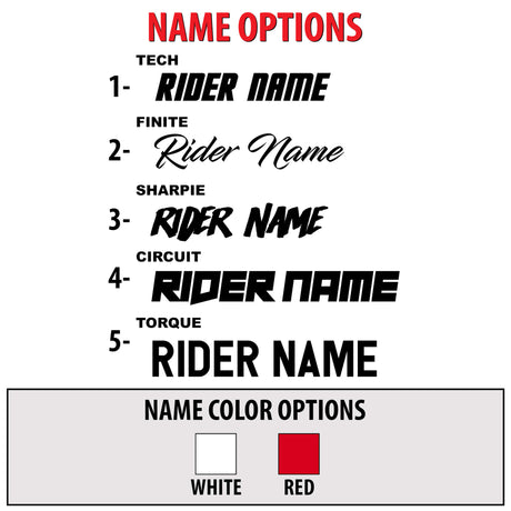 Name options for 909 FU kit: rider name placement with white or red color