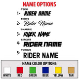DBK graphic kit rider name option chart with sample text and available name colors