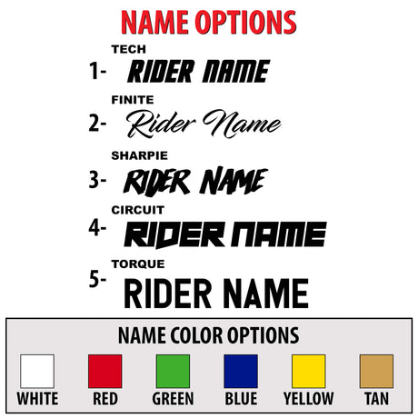 Custom name options layout: rider name tech options and name color selection
