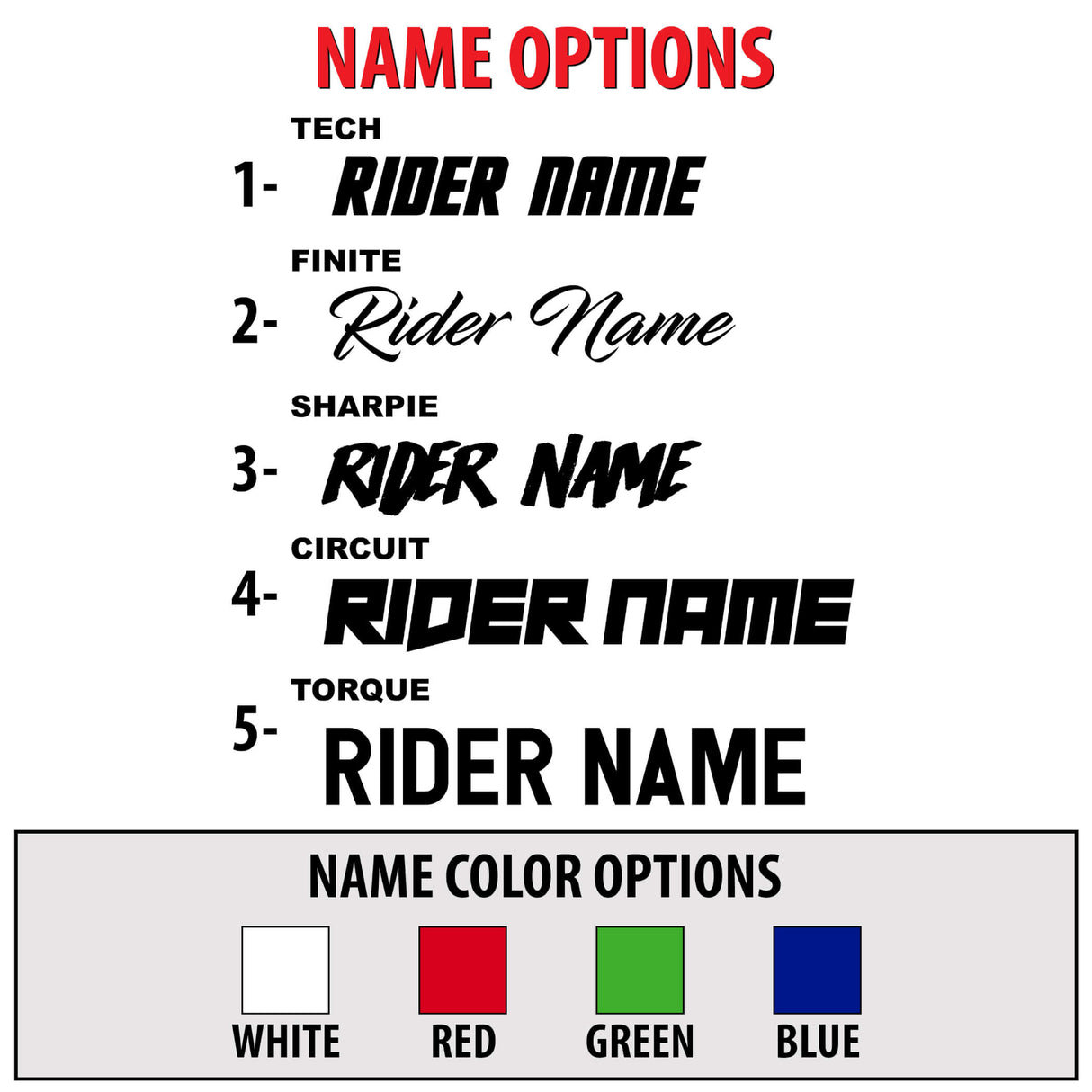 Pit bike name option chart with rider-name colors: white, red, green, blue