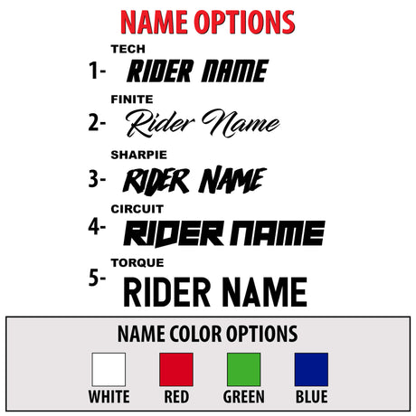 Name options for rider graphics: Rider Name styles with color choices