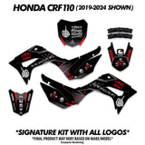 Pit bike decal graphics kit with black panels and red accents, multiple pieces