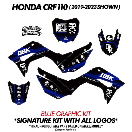 Blue graphic kit decal set for pit bike (shield and side panel decal pieces)