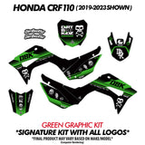 DBK pit bike graphic decal kit with green and black panels for side and front covers