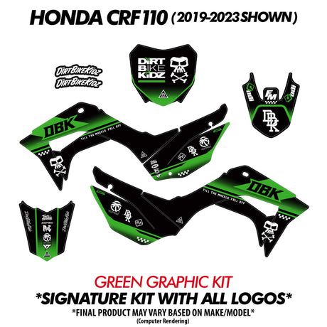 Green graphic kit decal set for pit bike (shield and side panel decal pieces)