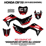 DBK pit bike graphic decal kit with red and black panels for front and side covers