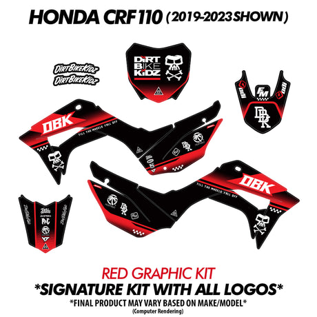 Red graphic kit decal set for pit bike (shield, side panels, front and rear pieces)