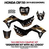 DBK pit bike graphic decal kit with tan and black panels for side and front covers